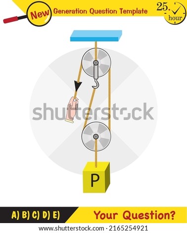 Physics, Science experiments on force and motion with pulley, Simple Machines, Springs, Pulleys, Gears, next generation question template, dumb physics figures, exam question, eps 
