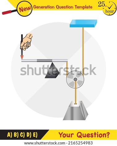 Physics, Science experiments on force and motion with pulley, Simple Machines, Springs, Pulleys, Gears, next generation question template, dumb physics figures, exam question, eps 