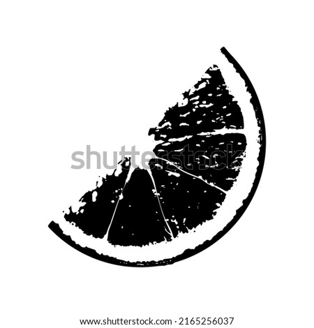 Lemon imprint. Fruit stamp. Realistic texture.  Isolated objects on white. Set of citrus fruit slices. Citrus slice, silhouette icon. Imitation of stamp, print with scuffs. Simple black shape  Royalty-Free Stock Photo #2165256037