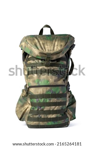 Military backpack isolated on a white background, close up