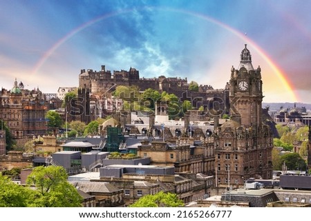 Rainbow over Edinburgh castle, view from Calton hill, Scotland Royalty-Free Stock Photo #2165266777