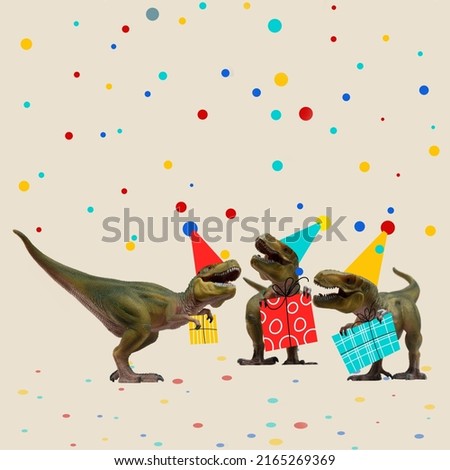 Contemporary art collage. Creative colorful design with three dinosaurs with presents having celebration. Party rime. Concept of surrealism, creativity, birthday invitation design. Copy space for ad