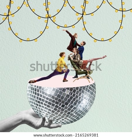 Contemporary art collage. Creative colorful design. Group of young people dancing on disco ball, having party, celebration. Stylish retro costumes. Concept of beauty, fashion, party time, meeting