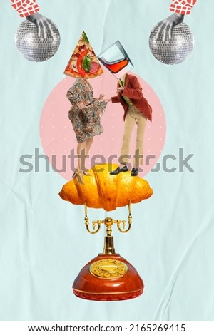 Contemporary art collage. Cheerful young couple dancing on retro phone with croissant, celebrating happy anniversary. Enjoying pizza, alcohol drinks. Concept of party, fun, celebration. Vintage style
