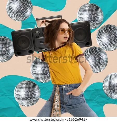Contemporary art collage. Creative design with stylish young girl having party, enjoying music isolated oevr multicolored background with disco balls. Concept of party, fun, celebration, enjoyment