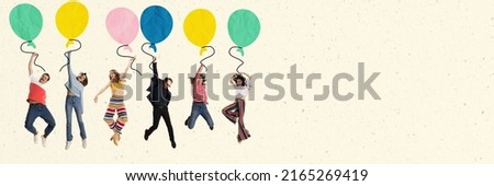 Creative colorful design. Group of young stylish people cheerfully jumping with air balloons, having birthday party, celebration isolated on white background. Copy space for ad, text, poster. Postcard