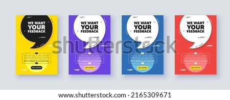 Poster frame with quote, comma. We want your feedback tag. Survey or customer opinion sign. Client comment. Quotation offer bubble. Your feedback message. Vector Royalty-Free Stock Photo #2165309671