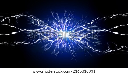 Blue and white energy with electrical electricy plasma power crackling fusion Royalty-Free Stock Photo #2165318331