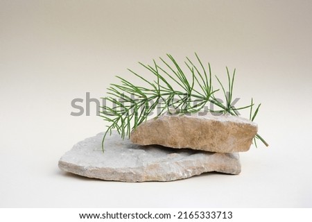 Stone Podium for promotion on beige Background. Natural pedestal. Two stone podiums. Beauty product mockup. Scene to show products. Showcase, display case. Front View, soft shadow.