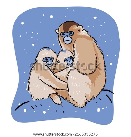 Snow monkey family clip art vector illustration isolated.