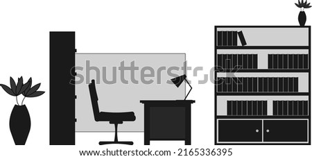 Set of flat design workplace in monochrome color. Chairs, desks, cupboards, flower vases and table lamps