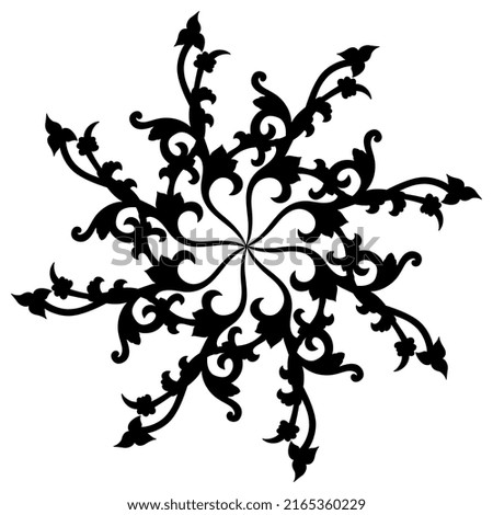 Round spiral mandala with floral motifs. Star shape with stylized branches. Vintage style. Black silhouette on white background.