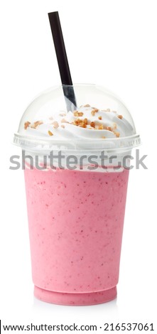 Strawberry milkshake covered with whipped cream in plastic glass isolated on white background Royalty-Free Stock Photo #216537061