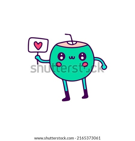 Kawaii coconut mascot holding love symbol, illustration for t-shirt, sticker, or apparel merchandise. With doodle, retro, and cartoon style.