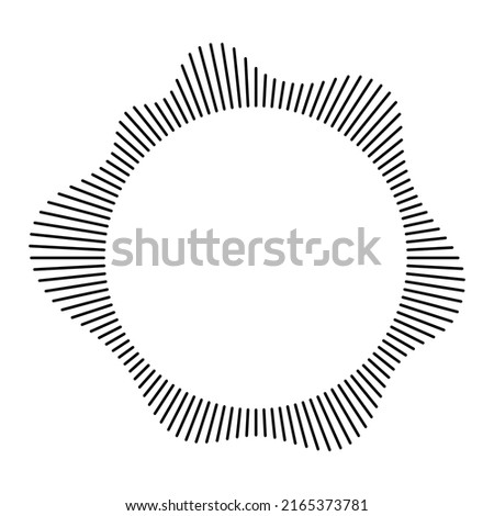 Circular frame. Round shape. Radial black concentric particles. Ring of short thin rays with wavy silhouette isolated white background. Sound wave. Infographic element. Vector illustration.