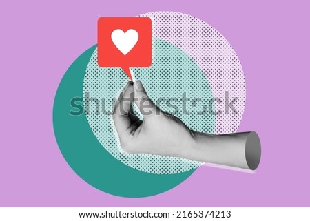 Female hand with closed fingers makes a gesture like holding like symbol from social networks isolated on colorful background. 3d trendy collage in magazine urban style.Contemporary art. Modern design