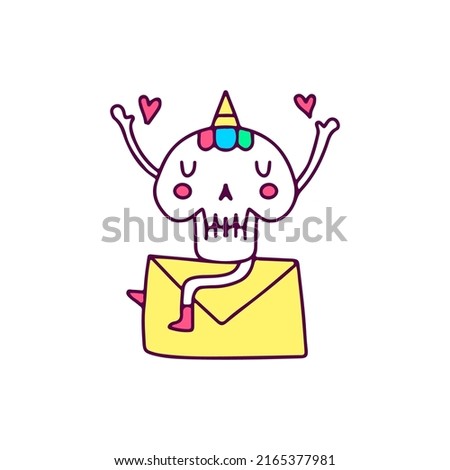 Kawaii unicorn skull with envelope, illustration for t-shirt, sticker, or apparel merchandise. With doodle cartoon style.