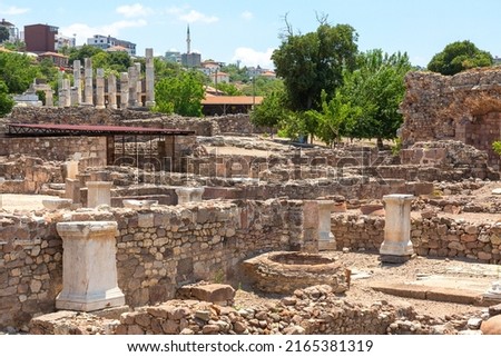 Ruins of the sanctuary of Apollon Smintheus in Ayvacik, Turkey, which comes from the word sminthos meaning mice as Apollo killed the mice damaging the agriculture. Royalty-Free Stock Photo #2165381319