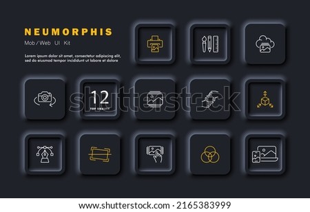 Photo set icon. Printer, portrait, filters, correction, framing, cloud storage, cropping, effects, art, brush, gallery etc. Photography concept. Neomorphism style. Vector line icon for Business