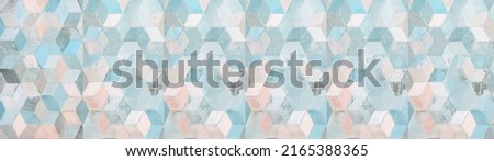 Old pastel blue pink vintage geometric shabby mosaic motif porcelain stoneware tiles stone concrete cement wall wallpaper texture background banner panorama, with square cubes 3D print Royalty-Free Stock Photo #2165388365
