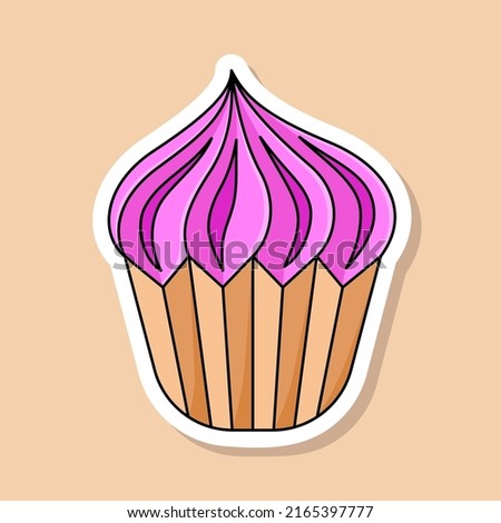 Vector cartoon cupcake sticker. Isolated sweet dessert with pink butter cream