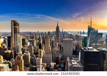 Panoramic aerial view of Manhattan in New York City, NY, USA Royalty-Free Stock Photo #2165403581