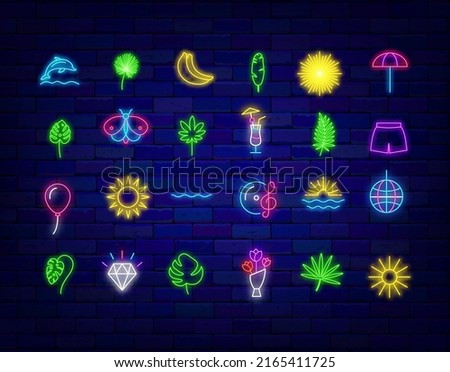Summer vacation neon icons collection. Beach umbrella, dolphin and tropical leaves. Holiday symbols collection. Butterfly, music and sun. Night bright signboard set. Glowing effect banner. Vector stoc