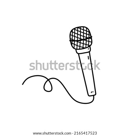 Microphone with wire isolated on white background. Musical item for singing, performances, karaoke. Vector hand-drawn illustration in doodle style. Perfect for cards, decorations, logo. Royalty-Free Stock Photo #2165417523