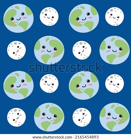 Vector seamless pattern of hand drawn flat moon and Earth planet with faces isolated on blue background