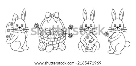 set of easter bunnies with eggs black outline