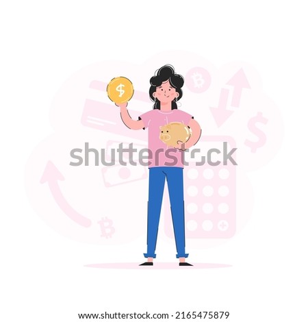 A girl in full growth holds a piggy bank and a coin. Trend illustration. Good for apps, presentations and websites. Vector.