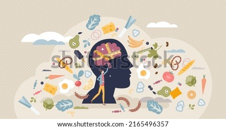 Eating disorders as psychological unhealthy diet illness tiny person concept. Excessive weight control and food limitation vector illustration. Addiction to slimming, dieting and mental guilty feeling Royalty-Free Stock Photo #2165496357