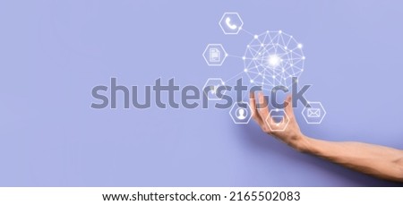 Business concept Close up of man using mobile smart phone and infographic icon of community technology digital.Concept of hi tech and big data. Toned image.
