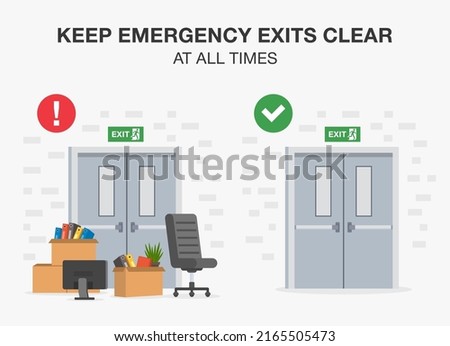 Fire safety activity. Do not block or obstruct emergency exits. Correct and wrong situation. Blocked and clear fire exit doors view. Flat vector illustration template. Royalty-Free Stock Photo #2165505473