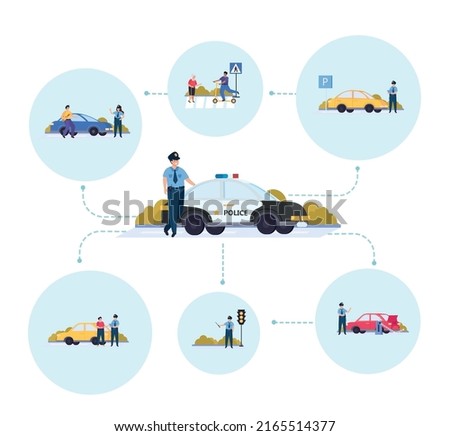 Traffic police flat composition set police officer works as a traffic controller checks the documents on the car vector illustration