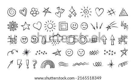 Big set of hand drawn cute doodles for kids. Decorative elements - flowers, stars and weather. Collection of vector illustrations isolated on white background - hearts, smilies, arrows and so on. Royalty-Free Stock Photo #2165518349