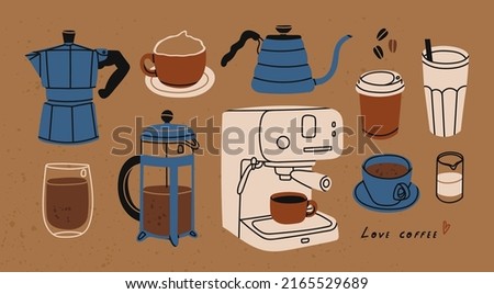 Set for coffee lovers. Isolated coffee elements. French press, coffee machine, mug, cup, milk pitcher, kettle. Icon collection for menu, coffee shop. Hand drawn modern Vector illustration Royalty-Free Stock Photo #2165529689