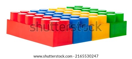 Plastic colored toy cubes isolated on white background. Toys and Games. Leisure and Rest.detail for Design. Design elements. Macro. Full Focus. Background for Business Cards, PostCards and Posters.