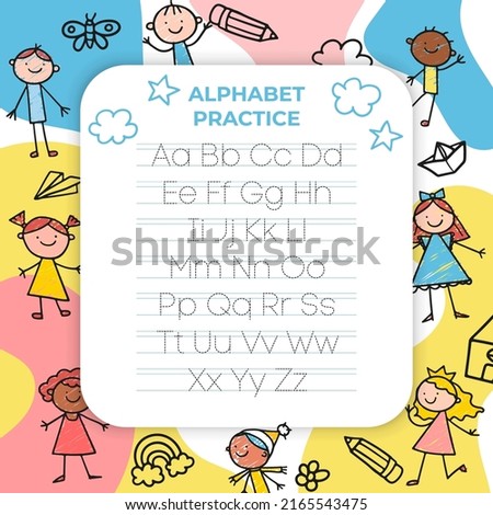 Alphabet letters tracing sheet with all letters of the alphabet. Kids worksheet with alphabet letters. Basic writing practice for kindergarten children  vector illustration learning Royalty-Free Stock Photo #2165543475