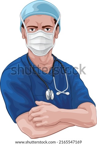 A nurse or doctor in surgical or hospital scrubs uniform with a stethoscope around his neck and wearing protective surgical mask PPE