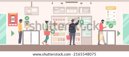 People doing grocery shopping at the fully automated AI convenience store Royalty-Free Stock Photo #2165548075