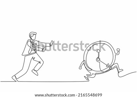 Single one line drawing stressed businessman chasing time or clock. Office worker being chased by work deadlines. Running out of time. Modern continuous line draw design graphic vector illustration