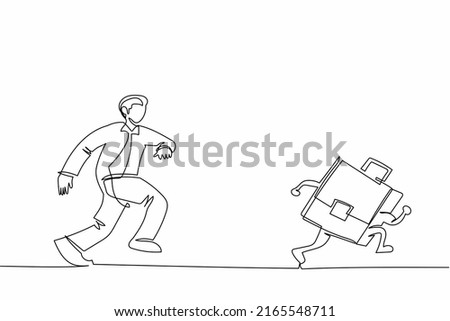Single continuous line drawing businessman run chasing try to catch briefcase. Chasing high performance active mutual fund, buying rising star stock or funds. One line draw design vector illustration
