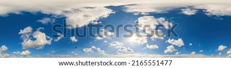 Blue sky panorama with puffy Cumulus clouds. Seamless hdr pano in spherical equirectangular format. Sky dome or zenith for 3D visualization, game and sky replacement for aerial drone 360 panoramas.
