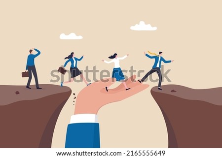Support or help to solve problem, manager mentorship or coaching to help team success, leadership to guide employee to achieve goal concept, giant hand help business people cross the problem gap. Royalty-Free Stock Photo #2165555649