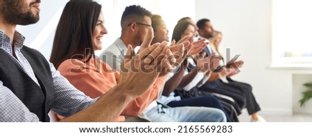 Web banner of excited diverse businesspeople clap hands meet welcome presenter or speaker at seminar or conference. Happy audience applaud thanking for presentation. Acknowledgment concept. Royalty-Free Stock Photo #2165569283