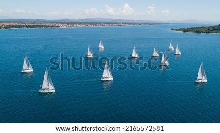 Aerial view of sailing yachts regatta race on sea near Vodice in Croatia, Adriatic sea Royalty-Free Stock Photo #2165572581