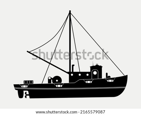 Fishing Boat Vessel,  Ship Silhouette Vector Illustration.