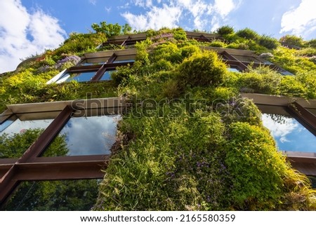 Green facade ecological eco plants on the building Royalty-Free Stock Photo #2165580359