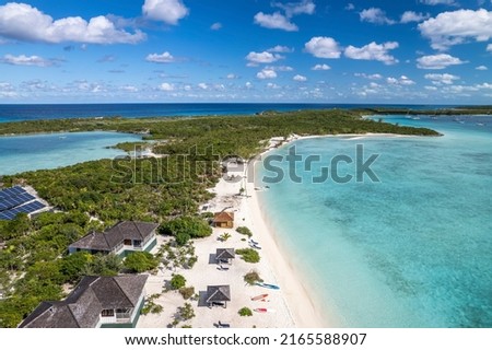 The drone aerial view of the beach of Stocking Island, Great Exuma, Bahamas.